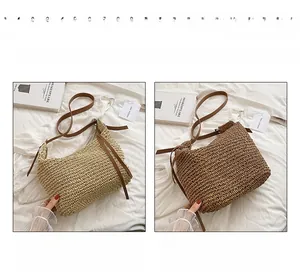 Detail view of woven straw shoulder bags in beige and khaki with leather straps