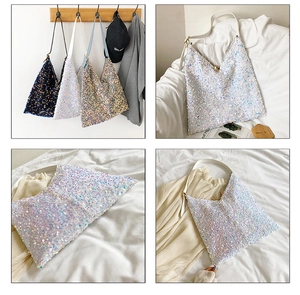Close-up detail of glittering sequin fabric and large capacity hobo bag texture for women