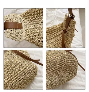 Detailed close-up showing woven straw texture and leather strap stitching on the tote bag