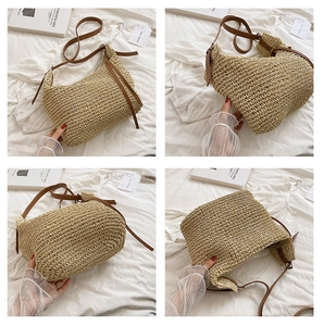 Detailed four-way view showing the beige straw texture and brown leather straps of the bag