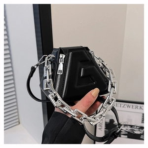 Minimalist black geometric PU leather handbag with chunky silver chain and logo detail