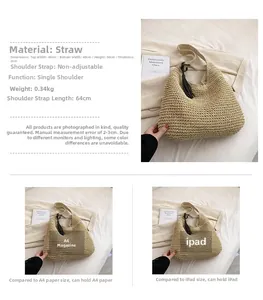 Straw tote bag size comparison with A4 magazine and iPad showing large capacity