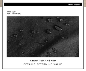 Détail du tissu imperméable noir avec texture raffinée et gouttes d'eau hydrophobes