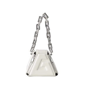 White geometric triangle handbag with embossed pattern and chunky silver chain strap
