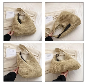 Detail shots of a beige woven straw tote bag with brown tassel and crochet texture