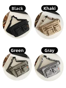 Détail de sacs à bandoulière en toile avec deux poches zippées en quatre coloris