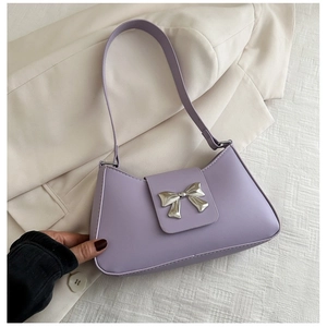 Fashion PU Leather Women Shoulder Bag With Silver Bow Metal Buckle Baguette Underarm Bag Trendy Simple Handbag For Daily Matching