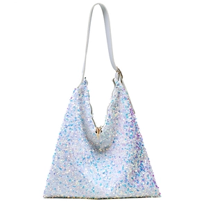 Close-up of iridescent sequins and gold metal zipper on the hobo shoulder bag