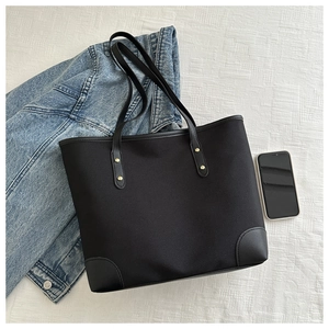 Women's Fashion Canvas Splicing Tote Bag Large Capacity Minimalist Shoulder Handbag With Rivets And Plush Charm