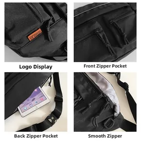 Détail du sac en nylon noir avec rangement multi-poches et fermetures éclair métalliques