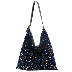 Sparkling dark blue sequin tote bag with crocodile texture strap in a modern triangular shape