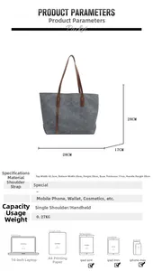 Dimensioni dettagliate per la borsa shopper in tela grigia con manici in pelle marrone