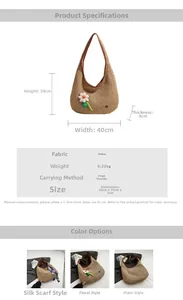 Detail showing straw shoulder bag dimensions with woven texture and decorative scarf options