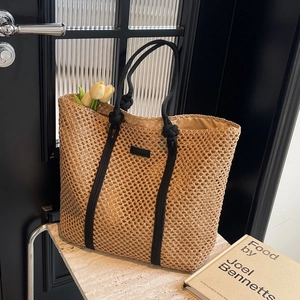 Women Fashion Straw Woven Tote Bag Large Capacity Hollow Mesh Shoulder Bag With Cotton Rope Handles Summer Beach Travel Bag