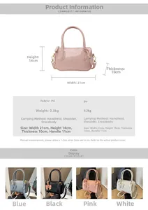 Detailed size chart for stylish PU leather handbag showing 21x14x10cm dimensions