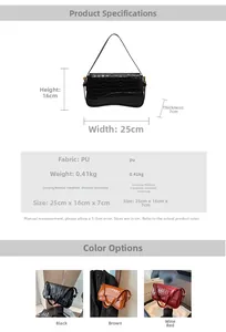 Detail specifications of PU leather crocodile pattern shoulder bag in black, brown and burgundy
