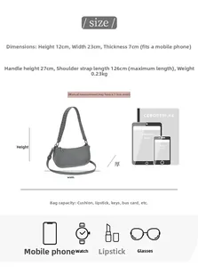Detailed size chart for minimalist studded crossbody bag showing dimensions and capacity