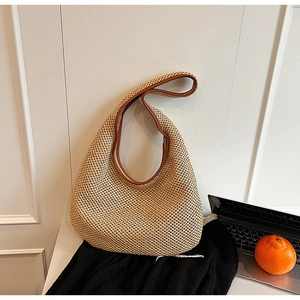 Women Fashion Straw Woven Shoulder Bag Large Capacity Hobo Bag French Style Handbag With Silk Scarf Flower Decoration