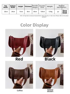 Detailed dimension chart and four color options for the rivet studded small square crossbody bag