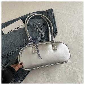 Silver metallic PU leather handbag with pleats and blue checkered ribbon detail