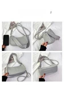 Detail view of sage green crescent bag with silver rivet strap and multi-angle perspectives