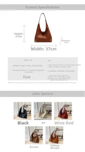 Size chart showing large and small PU leather tote bag dimensions and various color options