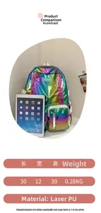 Laser PU backpack size chart with dimensions 30x12x39cm and iPad size comparison