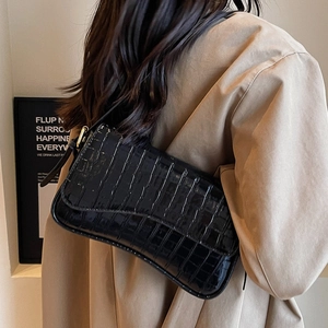 Elegant black crocodile pattern underarm shoulder bag with polished metal buckle for women