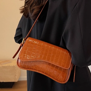 Polished brown croc-effect faux leather underarm bag for women with gold hardware