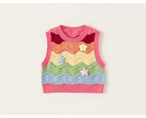 Détail du gilet en tricot pour fille avec rayures arc-en-ciel et étoiles en 3D