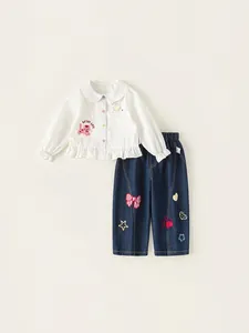 Mädchen Süße Weiße Rüschenhemd Und Jeanshose Outfit Langarm Katze Stickerei Punktmuster Lässig Kinder Frühling Kleidung