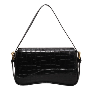 Elegant black crocodile pattern underarm bag with glossy finish and gold metal buckle