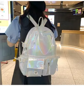 Detail of white holographic laser PU leather backpack showing pearl luster and multi-pocket design