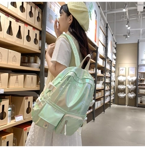 Detail view of mint green holographic laser backpack with adjustable white straps on model