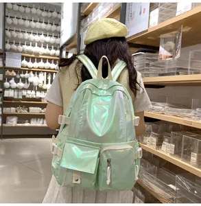 Detail view of laser mint green holographic backpack with rainbow iridescent finish