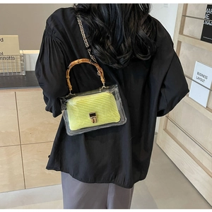 Detail of transparent PVC crossbody bag with yellow knit lining and bamboo top handle