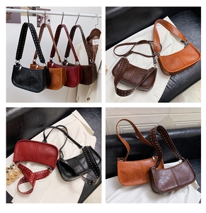 Detailed views of leather shoulder bags featuring silver stud accents in four vintage colors