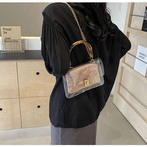 Detail of transparent PVC crossbody bag featuring amber bamboo handle and gold chain strap