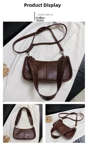 Detail view of coffee brown crossbody bag with silver studs on wide shoulder strap