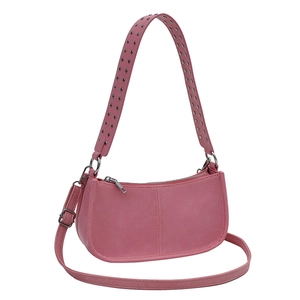 Pink PU leather half-moon bag with metallic rivet shoulder strap and long crossbody strap