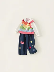 Ensemble 3 pièces fille avec chemise blanche, gilet arc-en-ciel et jean brodé