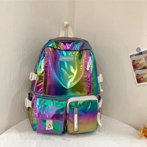 Holographic laser PU leather backpack for women with iridescent finish and multi-pocket design
