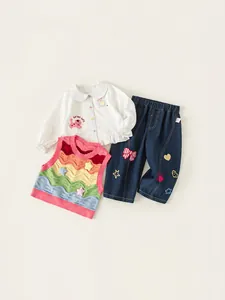 Ensemble 3 pièces pour filles avec chemise blanche, gilet arc-en-ciel et jean nœud