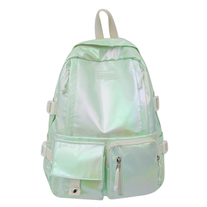 Holographic mint green laser PU backpack with multi-pocket design and adjustable buckles