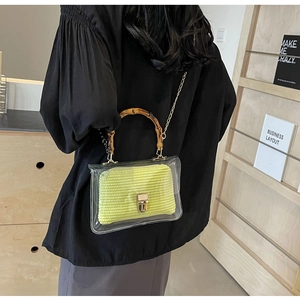 Transparent PVC handbag with bamboo handle and green knit pouch shown on a model