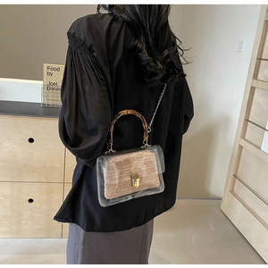 Detail of transparent PVC handbag featuring bamboo handles and a gold chain strap