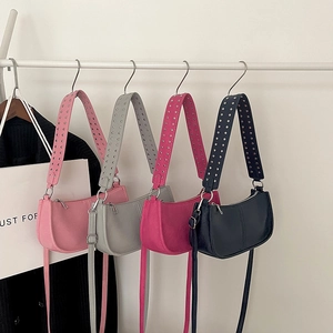 Fashion rivet studded baguette shoulder bags in pink, grey, rose and navy blue colors