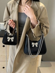 Elegant black bow shoulder bag and mini handbag set with silver chain strap for women