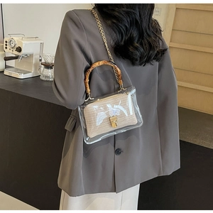Transparent PVC bag with bamboo handle and straw insert shown in a cafe setting