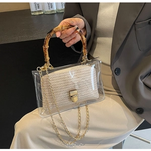 Detail of transparent PVC handbag with bamboo handle and woven inner pouch